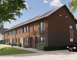 Impressie oostzijde blok eengezinswoningen met beneden-bovenwoningen Griseeweg Epe