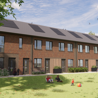 Impressie voorzijde blok eengezinswoningen met beneden-bovenwoningen Griseeweg Epe